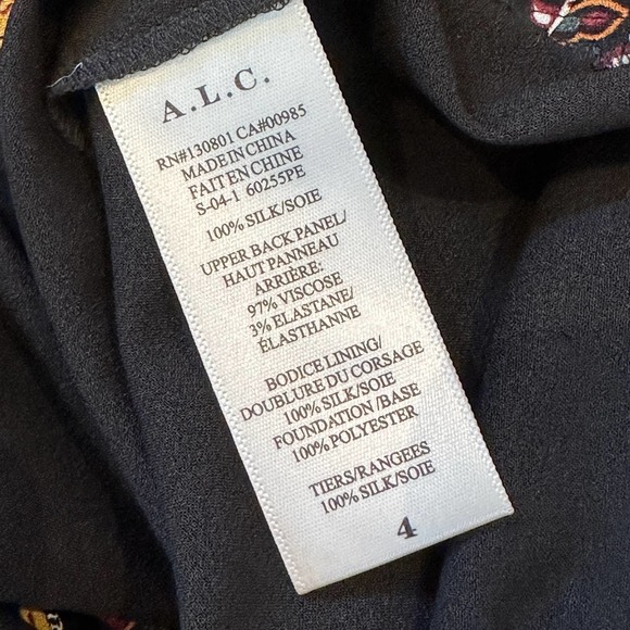 A.L.C. Hayley Tiered Silk Scarf-Print Midi Dress SZ 4 Black Brown Gold - Picture 10 of 13